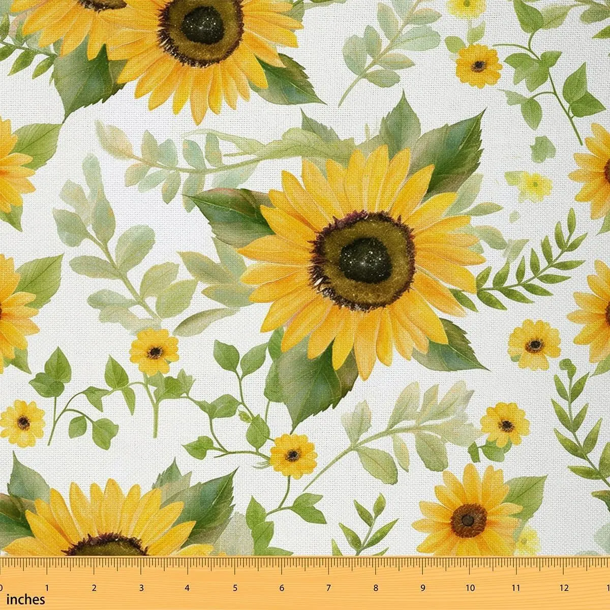 Watercolor Sunflower Outdoor Fabric,Yellow Flowers Rustic Plant Fabric Craft Lover,Green Leaves Nature Lover Soft Flannel Polyester No Stretch Fabric Sewing