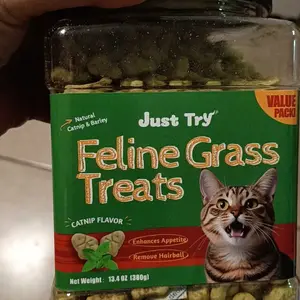 JUST TRY 13.4 OZ Cat Grass Treats Natural Salmon Flavor Healthy Cat Snacks Training Biscuits Catnip for Cats Dental and Hairball Control Treats Remedy Chews