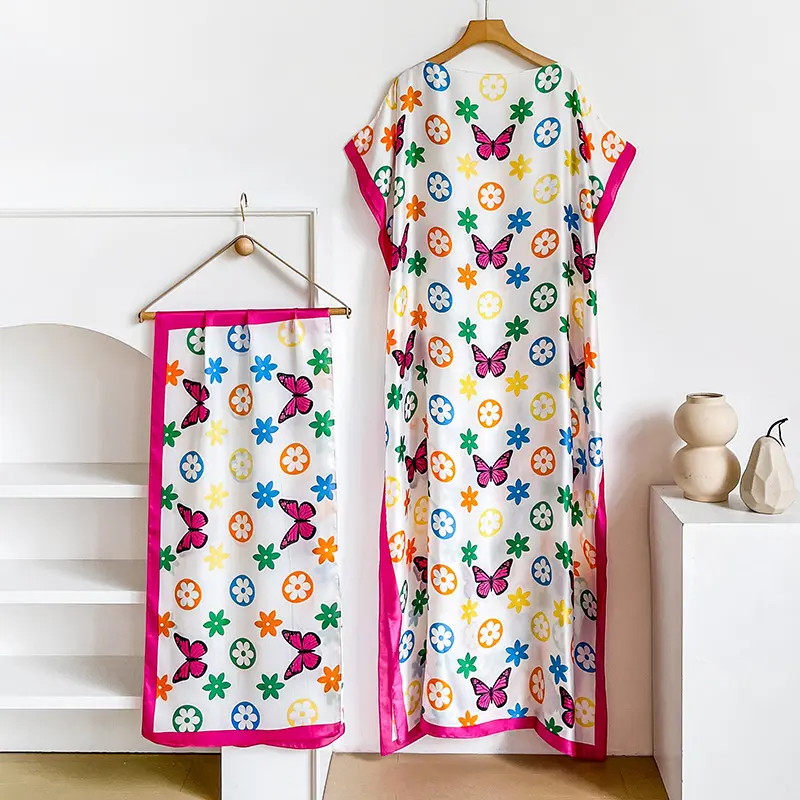 Vintage Geometric Print Abaya Set, Loose Batwing Satin Kaftan Dress With Matching Hijab Scarf, Modest Islamic Women Daily Party Outfit