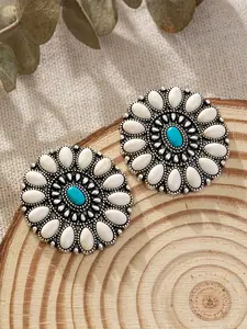 Western Turquoise Stud Earrings for Women - Vintage Silver Sunflower Post Earrings with White Faux Stones - Native American Inspired Boho Jewelry for Cowgirl Fashion Accessories