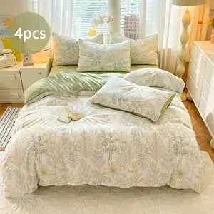 4pcs Decorative Bedding Set, Blue Leaf Print, Soft Polyester, Dorm Room & Bedroom Use, Tropical Rainforest Style, All Seasons