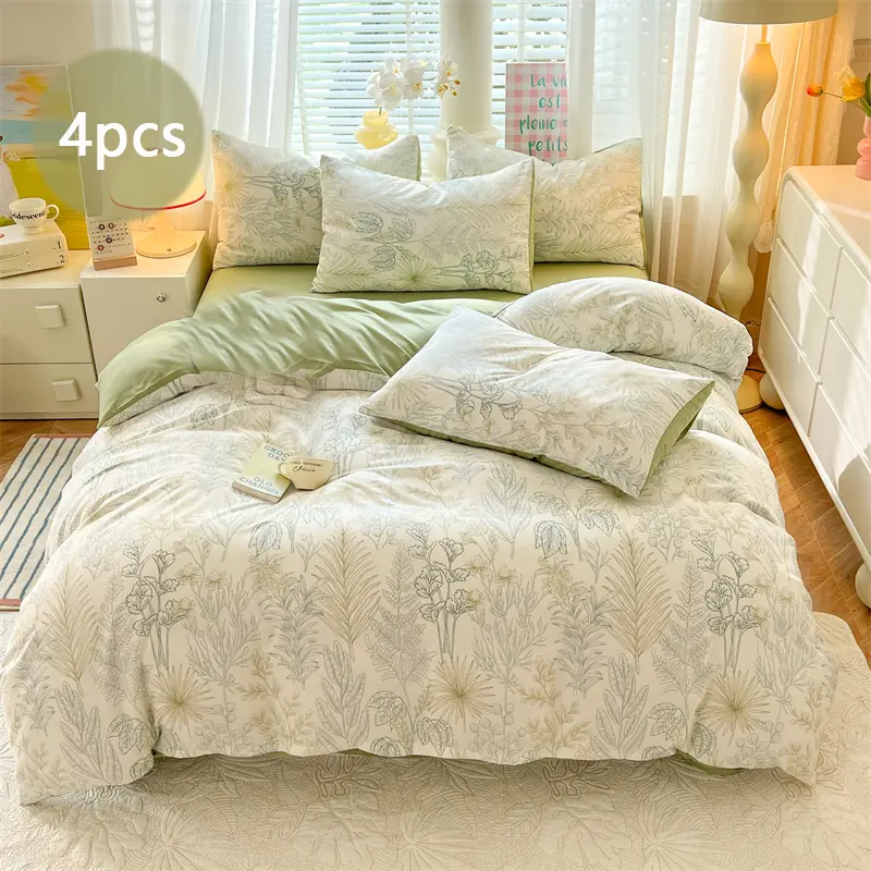 4pcs Decorative Comfy Bedding Set, Blue Leaf Print, Soft Polyester, Dorm Room & Bedroom Use, Tropical Rainforest Style, All Seasons, Printed Bedding Set