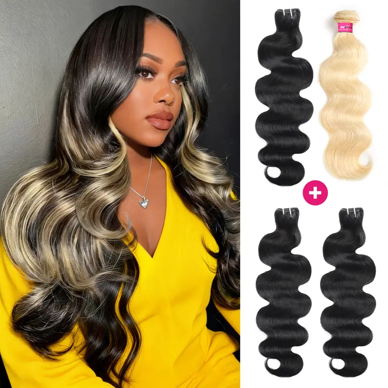 ONEMORE 1B/613 Blonde 15A Raw Human Hair Body Wave Bundles, Quick Weave Extensions, Wave Print Human Hair Extensions & Pieces
