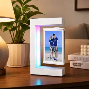 Magnetic Levitation Photo Frame, 360° Rotating Floating Picture Frame with RGB LED Night Light, Creative Desktop Decor for Home Office Bedroom, Unique Romantic Gift for Valentine's Day Birthday