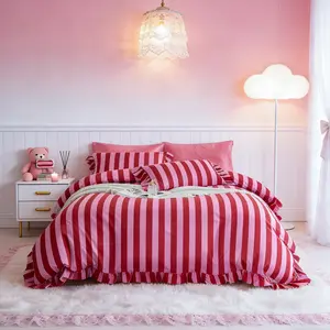 Romantic Ruffle Bedding Set, Striped Pattern 3-Piece Set, Soft Bedding Sets, Includes 1 Duvet Cover + 2 Pillowcases No Insert, Soft Comfortable, Perfect Birthday Gift