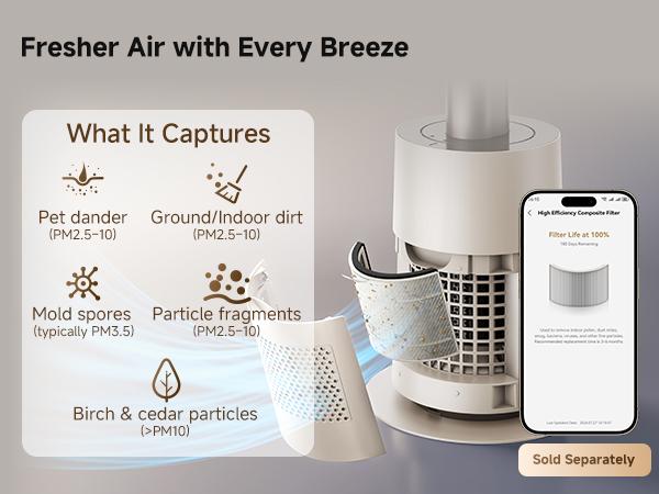 DREAME MF10 Bladeless Tower Fan for Bedroom, Smart Standing Fan with 270° Spatial Airflow for Whole-Room Circulation, 59ft/s High Velocity, 10 Speeds 3 Modes, Temperature-Adaptive Airflow, MF10-Beige