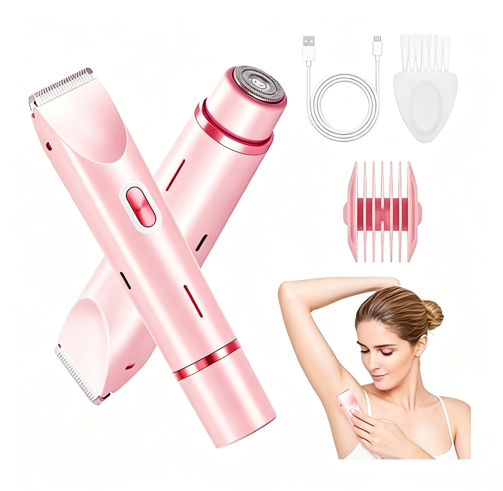 Women's Petal Pink Smooth Cordless 2-in-1 Dual Head Electric Hair Remover - Removable Head, IPX7 Showerproof Cordless Shaver, Fast Charging, Silky Daily Hair Removal Tool for Face, Underarm Use