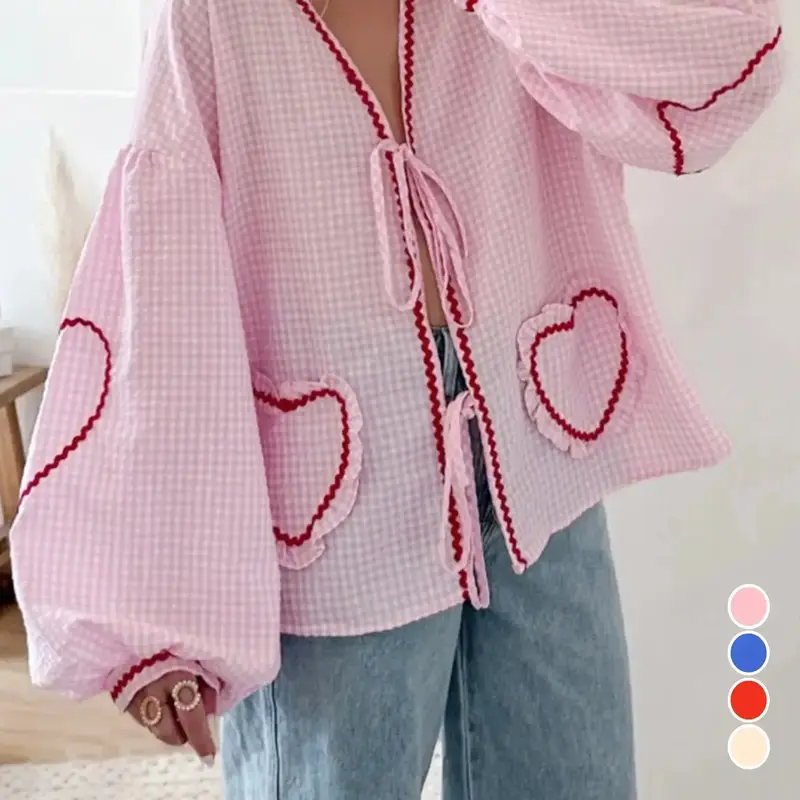 Women's Plaid Print Heart Embroidery Tie Front Blouse, Casual Lantern Long Sleeve V Neck Top for Fall & Winter, Women's Clothing for Daily Wear