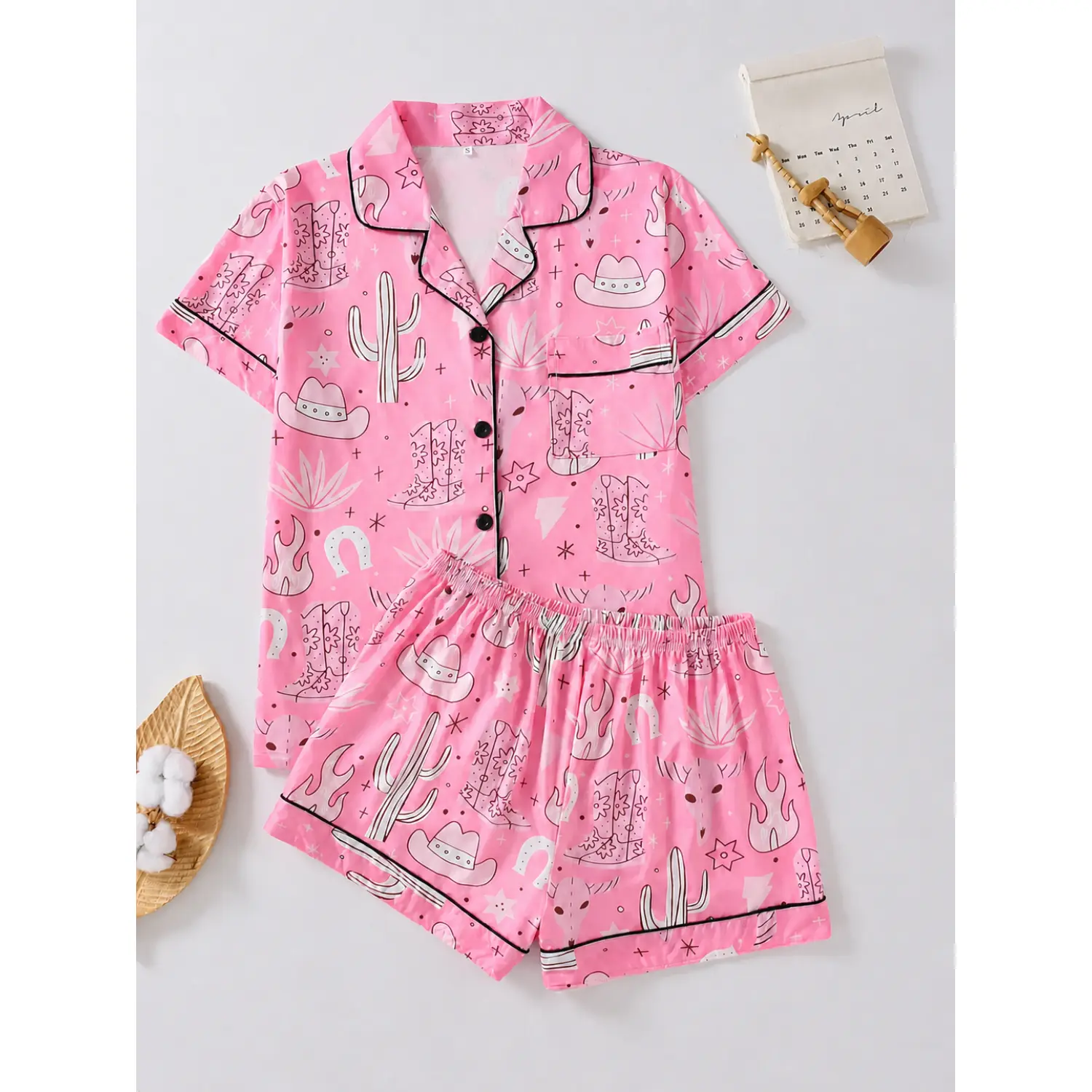Western Cactus Print Silk-Like Pajama Set: Two-Piece Loose Fit, Short Sleeve Button-Down Top and Shorts Loungewear