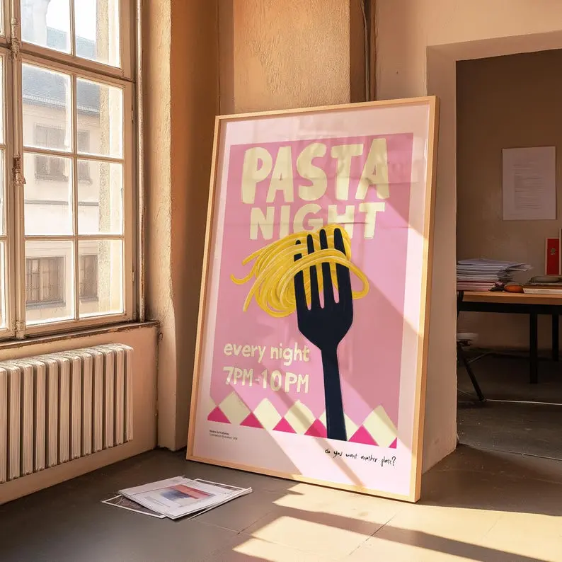 Pasta Night Kitchen Print, Colorful Food Poster Art