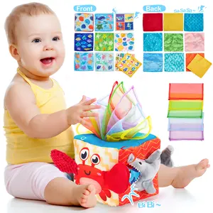 hahaland Baby Tissue Box Toy Marine Life - Montessori Toys for 6 Month Old with Textured Tails, Cloth Tissues, Crinkle, Squeaky Sounds, Mirror - Easter Basket Stuffers for Babies Gifts Sensory Nursery Learning Toddlers Valentine's Day Gift for Kids Magnet