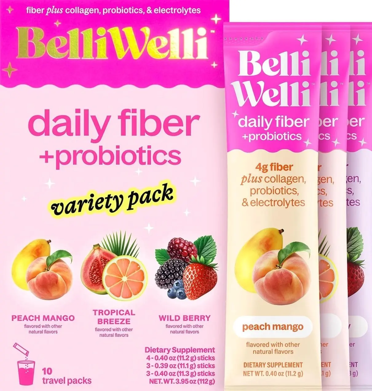 Belli Welli Fiber Supplement, Probiotics Fiber Powder Travel Pack for Women with Collagen & Electrolytes for Daily Gut Health & Debloating, Variety Pack, 10 Packets