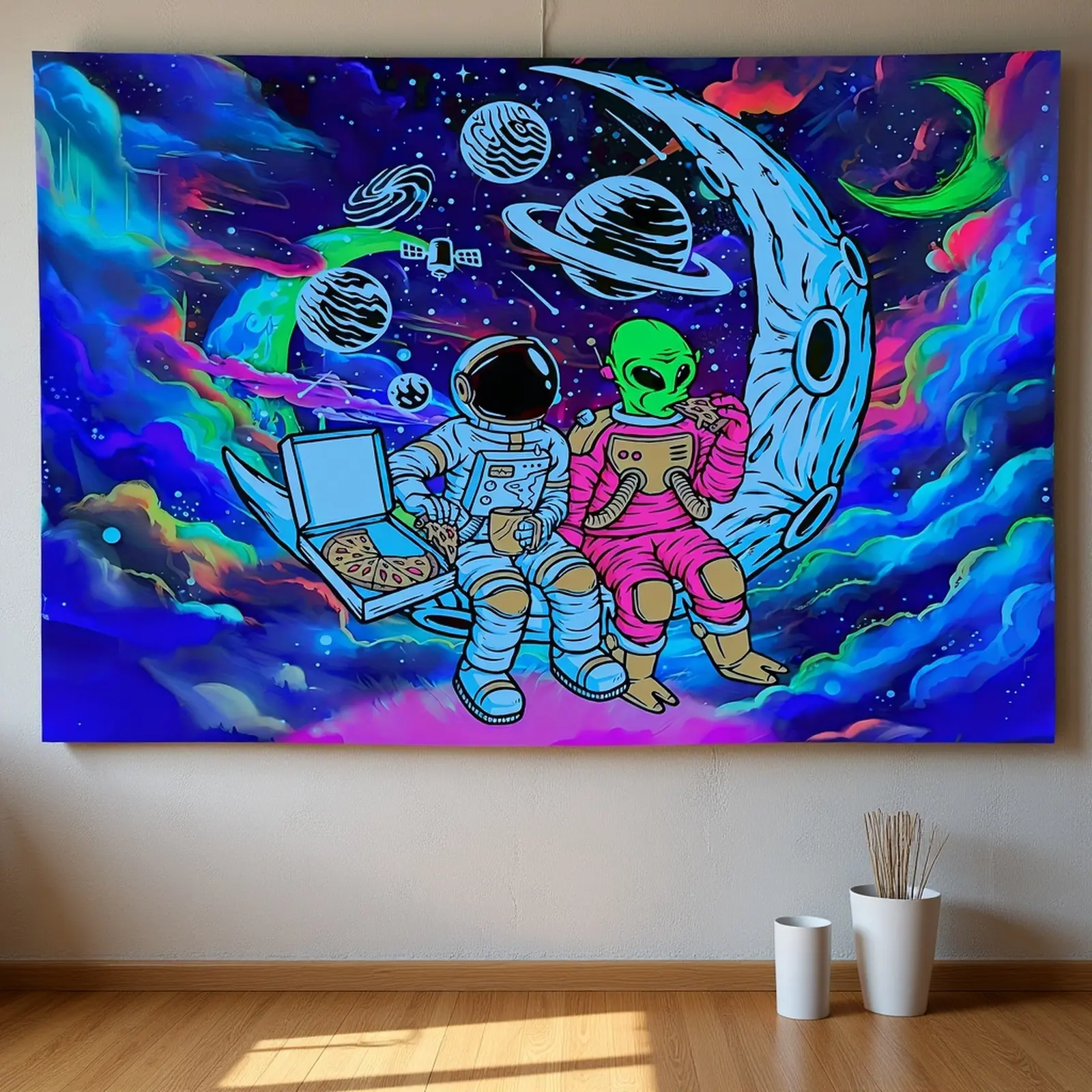 UV Reactive Polyester Space Theme Tapestry - Glow in the Dark Unisex Synthetic Wall Hanging, Alternative Tapestries for Bedroom Wall Decor, Indoor Light Art