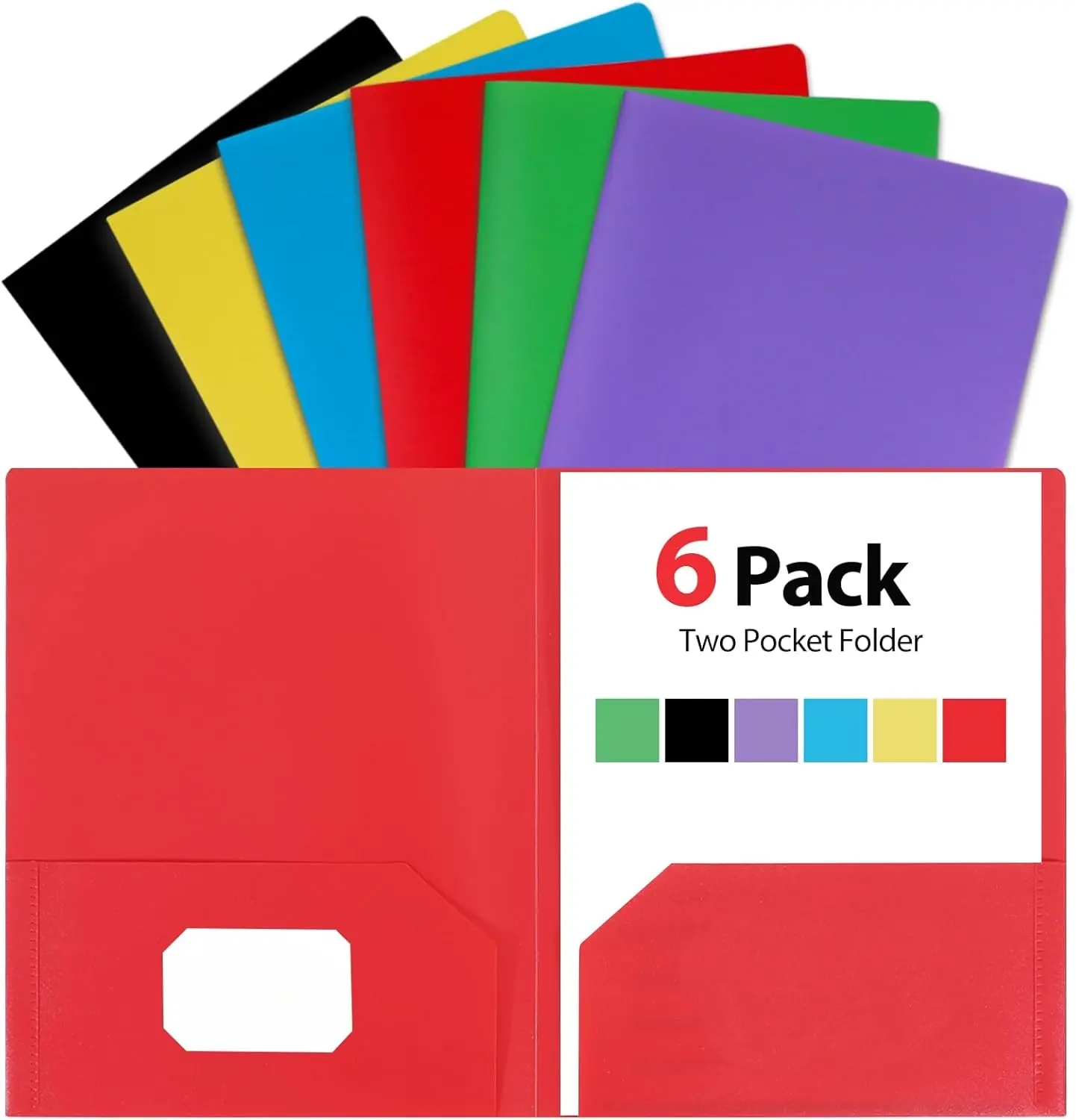 Plastic Folders with Pockets 6 Rainbow Colors 2 Pocket Letter Size | 8.5x11 Paper Business Card Slot Black to School Supplies For Kids / Students / Teachers Office Organization