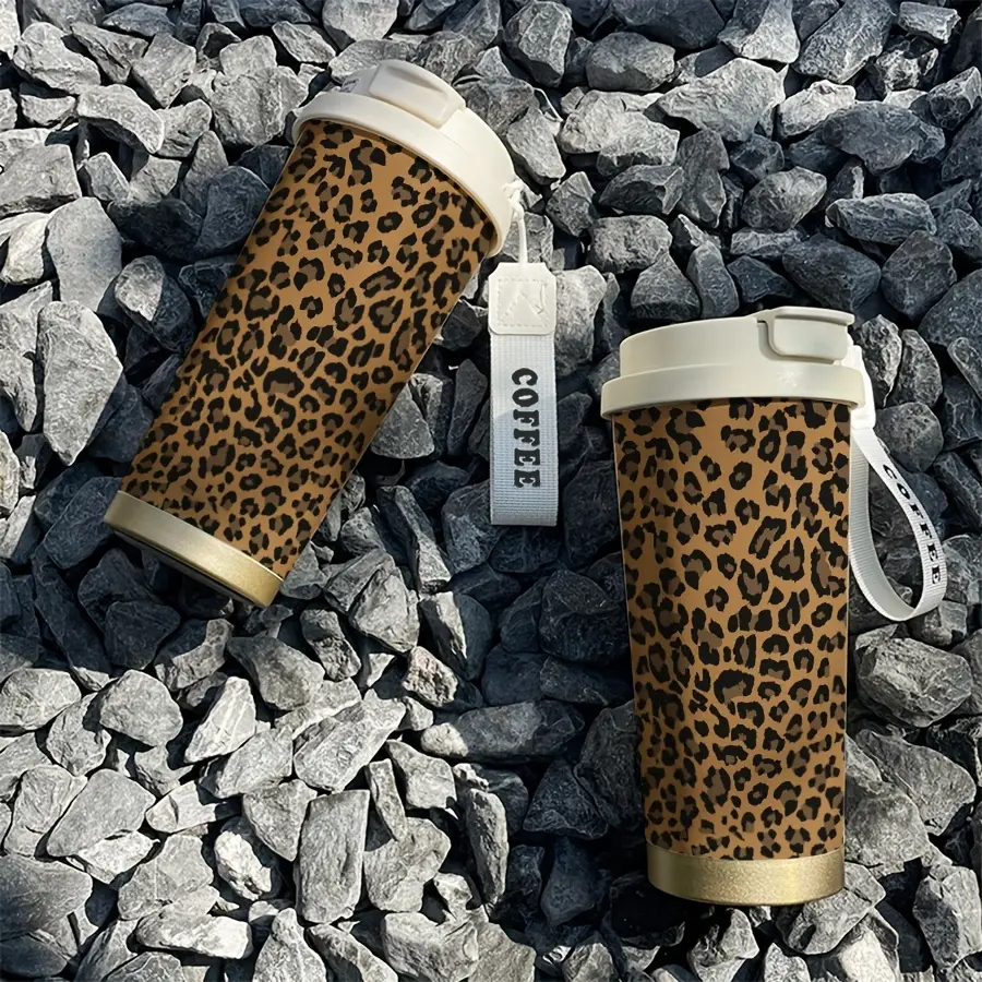 18oz Traditional Leopard Print Stainless Steel Vacuum Flask Cup for Adults, 500-1000ml, Double-Walled, Leak-Proof, with Lid & Handle, Ideal for Coffee & Water, Office & Travel Use, Durable Kitchen Drinkware