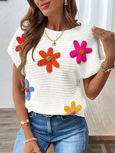 2025 Elegant Floral Knit Sweater Vest - Cream-Colored, Round Neck, Acrylic, Machine Washable - Ideal for Spring, Summer & Fall Casual Outings Women Tops Fit Cute Fabric Knitwear Womenswear Collar Comfort Beige Crewneck ShortsleeveHOT