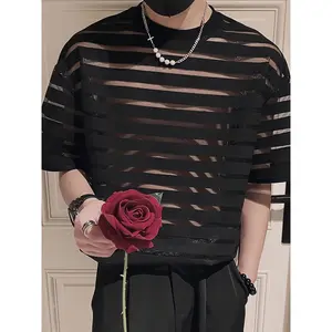 Men's Sheer Loose-Fit Shirt - Breathable Polyester, Round Neck, Solid Color with See-Through Detail