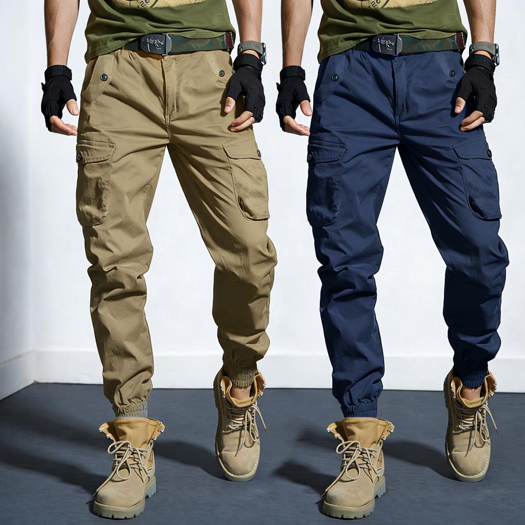 Two-pack: woven plain fabric and solid-color men’s cargo pants featuring an elastic waistband with drawstring, a loose straight tapered fit, multiple pockets including large pockets—ideal for everyday casual wear and work, perfect for cargo outfits and ou