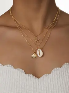 Boho Style Shell & Starfish Design Pendant Necklace, Fashion Jewelry for Party, Daily Clothing Decor, Trendy All-match & Exquisite Jewelry for Birthday Gift, Exquisite Chain Jewelry, Multilayer Necklace, Adjustable Star Necklace