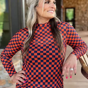 Blue Ridge Sunset Mesh Top - Bold Blue Orange Checkered Print Fitted Mesh Top for Womenswear Western Boutique Style with Statement Belt Buckle