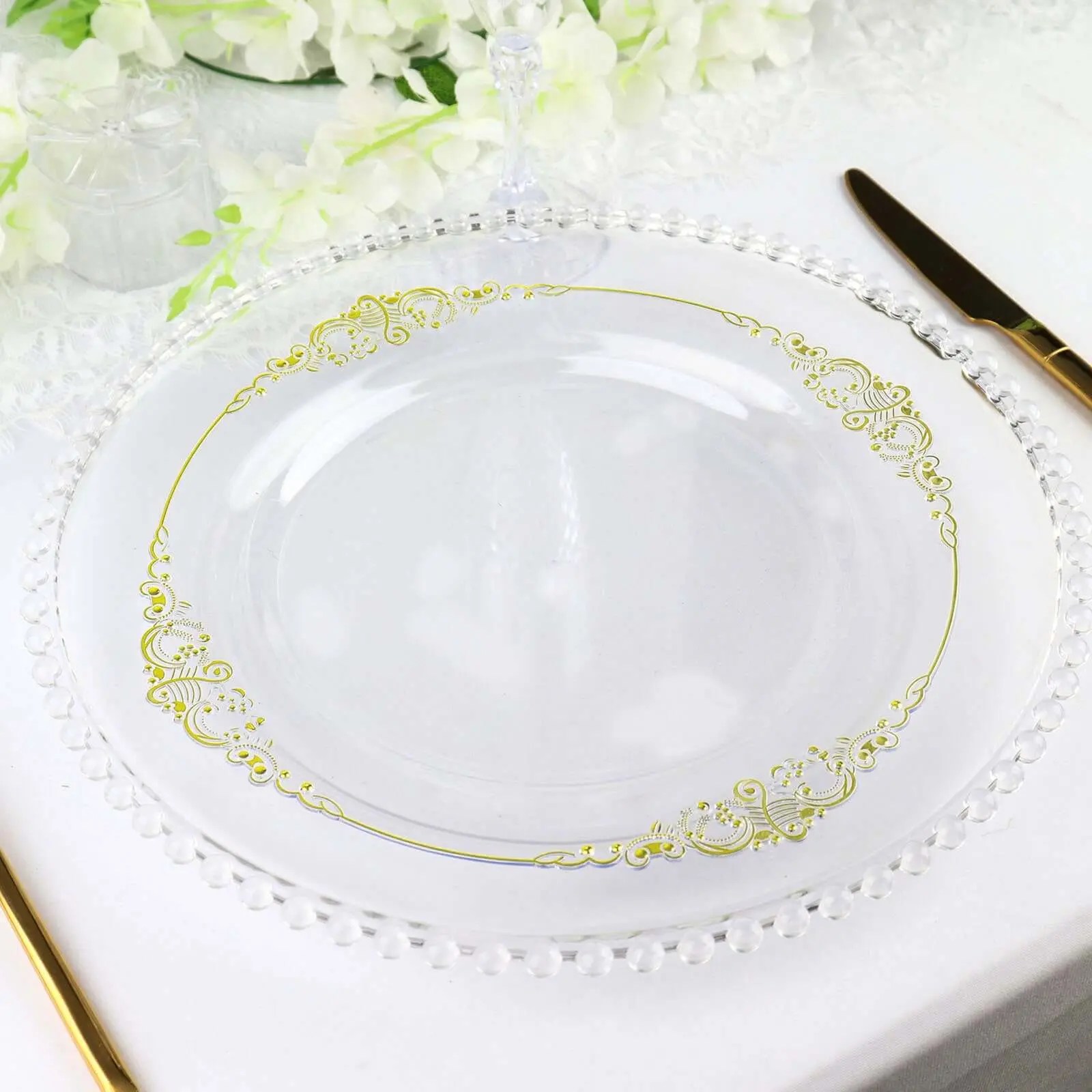 10-Pack Plastic 10" Round Dinner Plates in Clear with Gold Leaf Embossed Rim - Disposable Vintage Baroque Style Plates