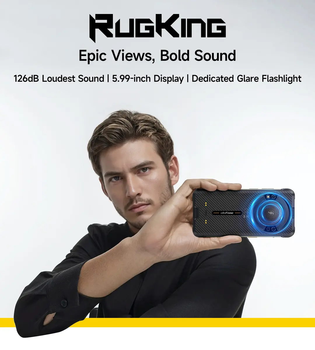 Ulefone RugKing Android 15 Rugged Phone,126dB Loudest Speaker,16GB+256GB,Built-in Glare Flashlight,9600mAh Big Battery,5.99'' HD+ & 910 nits Screen,50MP+8MP+2MP Camera,AI Pro,IP68 Water Proof,Global GPS,3-Card Slot,NFC,Fingerprint ID Unlock Smartphone