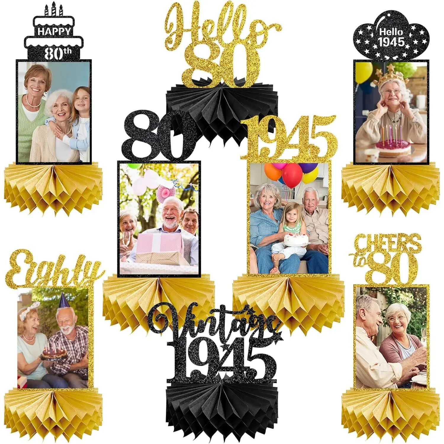 8 count 80th Birthday Decorations Honeycomb Centerpieces for Women Men, Black   1945 80th Bday Photo Table Centerpieces Party Supplies, Glitter Cheers to 80 Year Old Bday Table Topper