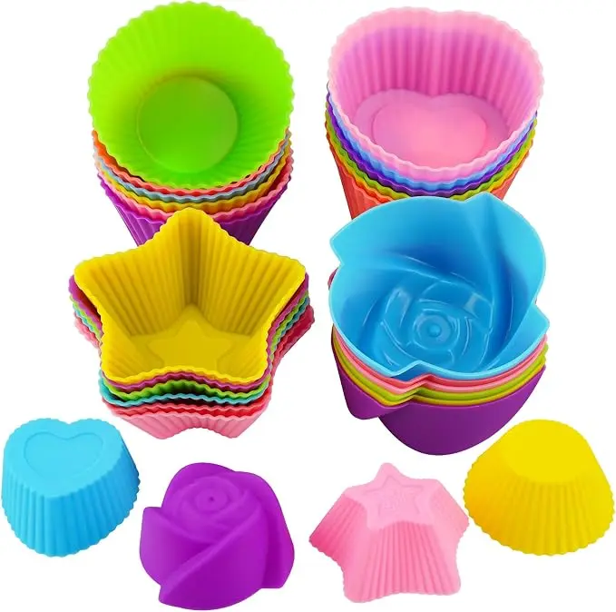 24pcs Reusable Silicone Baking Cups Muffin Liners, 4 Shapes Round Heart Star Rose Non Stick Cupcake Molds, Multi Color Heat Resistant Silicone Molds for Muffins Egg Tarts Pudding Soap Dessert Baking