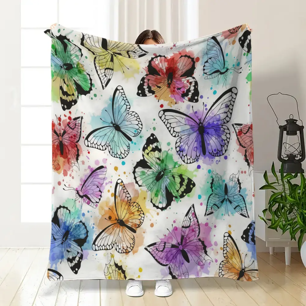 Rainbow Watercolor Splash Butterfly Throw Blanket - White Base Multi-Color Ink Splatter Butterfly Print Flannel Blanket, Cozy Soft Fleece Blanket With Assorted Vibrant Watercolor Butterflies Paint Drip Details, Perfect Gift for Butterfly Boho Art Lovers