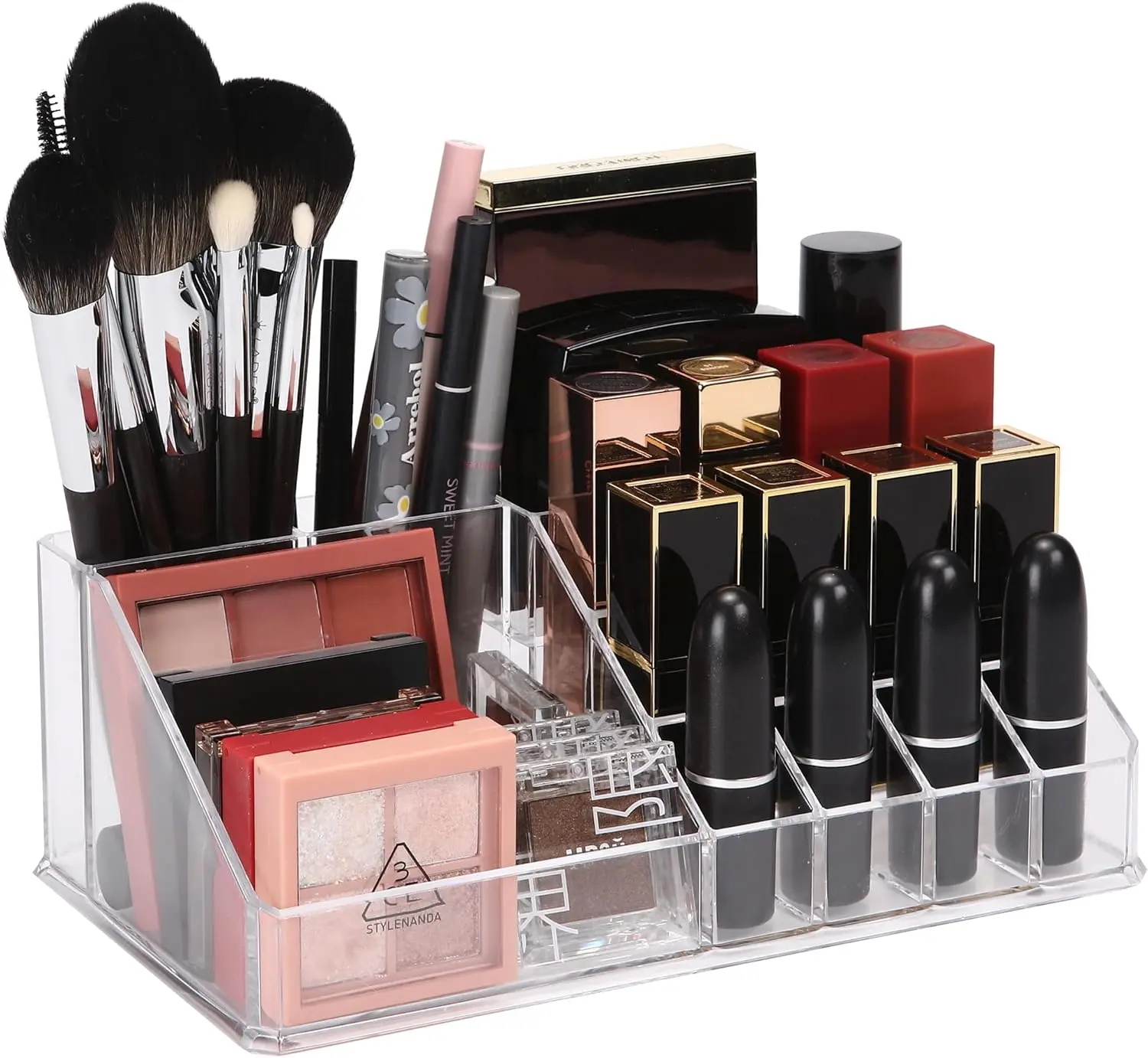 16-Slot Acrylic Plastic Lipstick Organizer, Clear Lipstick Holder, Makeup Storage Box, Cosmetic Display Case for Lippie, Lip Gloss, Eye Liner, Eyebrow Pencil, Nail Polish, Essence, Brush