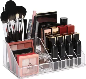 16-Slot Acrylic Plastic Lipstick Organizer, Clear Lipstick Holder, Makeup Storage Box, Cosmetic Display Case for Lippie, Lip Gloss, Eye Liner, Eyebrow Pencil, Nail Polish, Essence, Brush