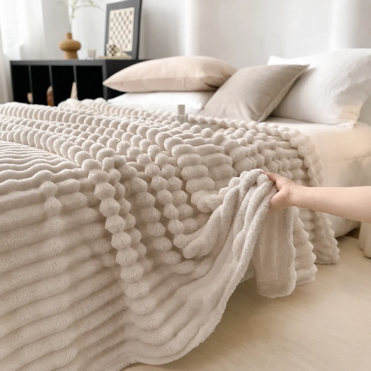 【Fall Halloween Decor】UFIST Warm Beige Textured Throw Blanket, Lightweight Cozy Accent for Sofa Bed, Neutral Farmhouse Aesthetic for Living Room Bedroom, Soft All-Season Home Essential