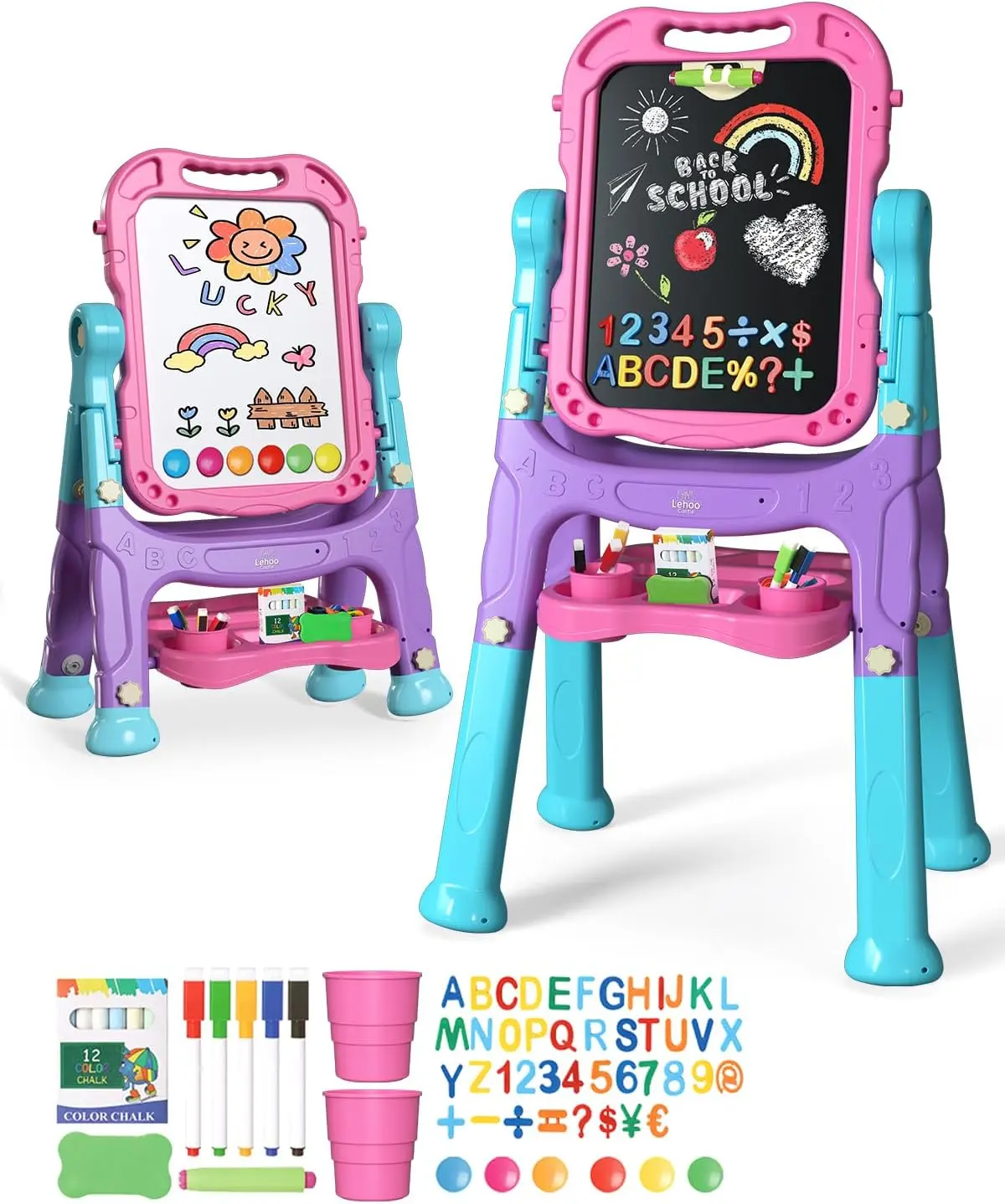 Easel for Kids 4 in 1 Double Sided Kids Art Easel with Magnetic White Board & Chalk Board, Adjustable Standing Toddler Easel for Drawing & Writing