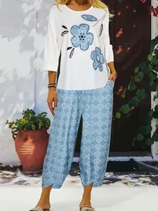 Women's Two-Piece Set, Casual Office Wear, Short Sleeve Floral Printed Top & Split Leg Pants, Comfortable Daily