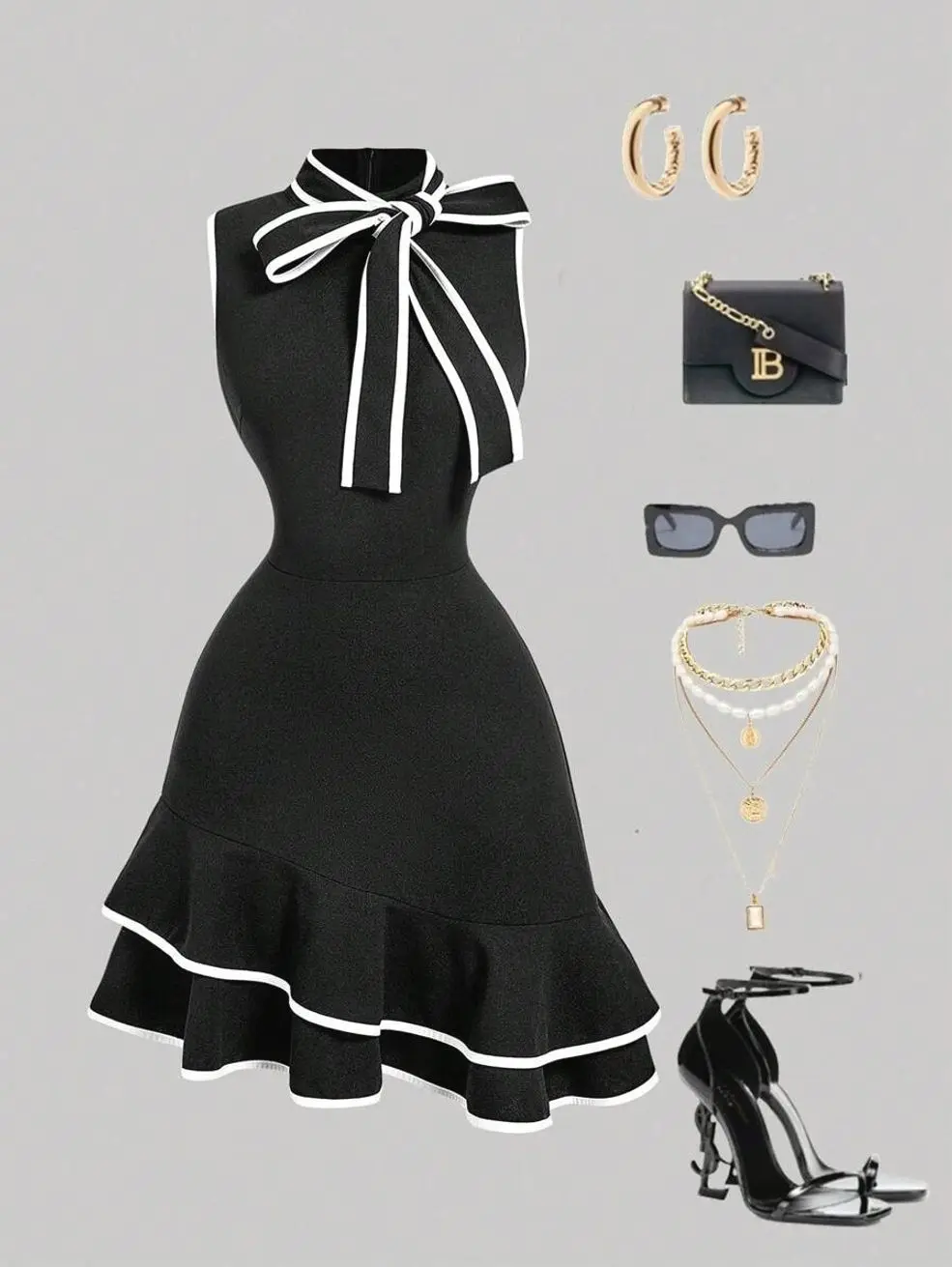 Bow Tie Black & White Plaid Ruffle Hem Mini Dress