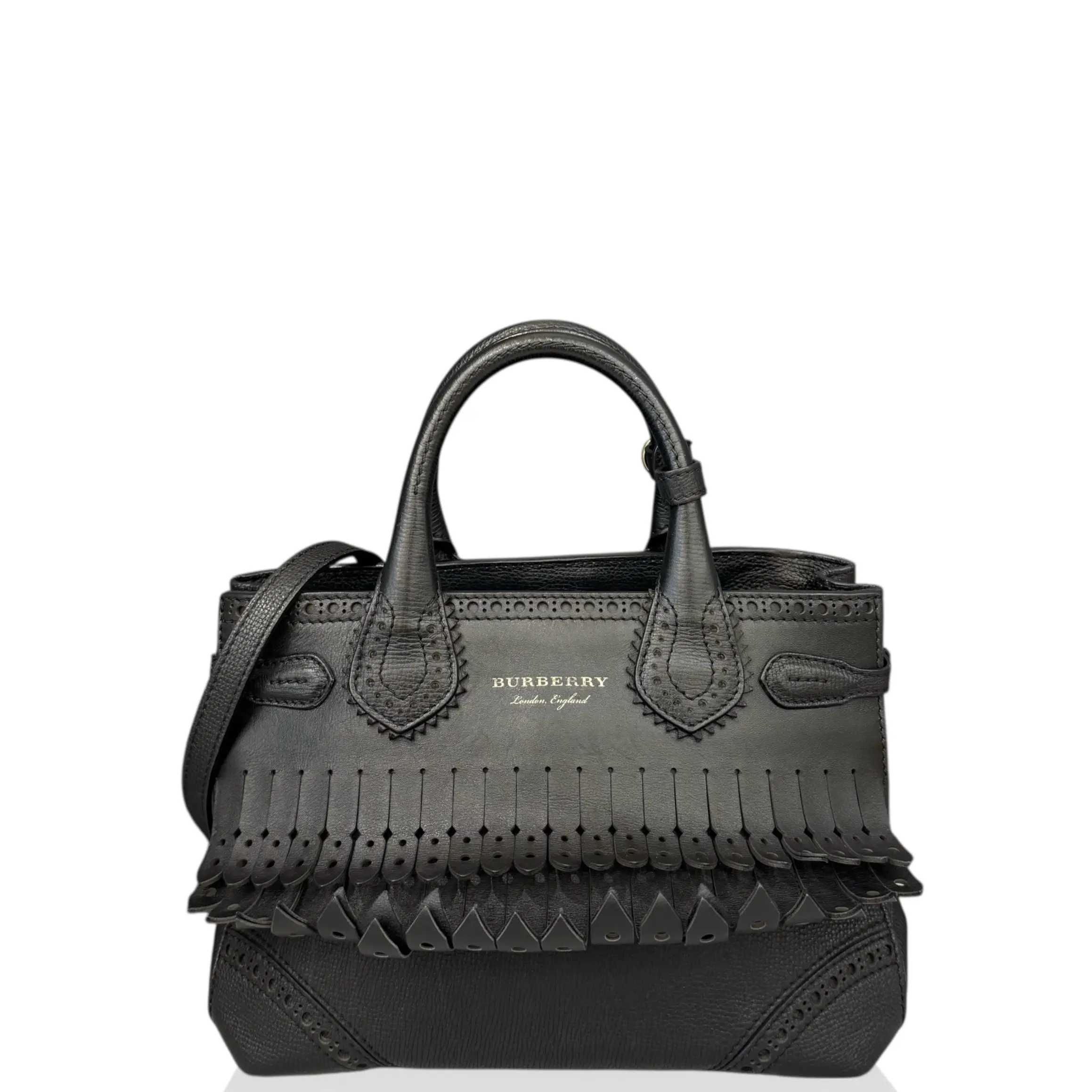 Pre-owned BURBERRY Leather tote bags Fringe Small Banner Tote Calfskin Black (yg030926d9)