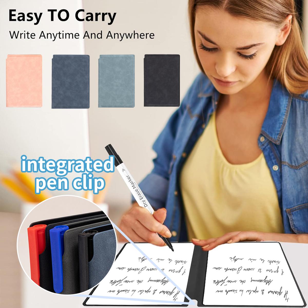 A5 Reusable Whiteboard Notebook, Portable Dry Erase Writing Board with PU Cover, Double-Sided Erasable Notepad for Math Drawing Notes To-Do List Planning, Includes 3 Markers & Wipe Cloth