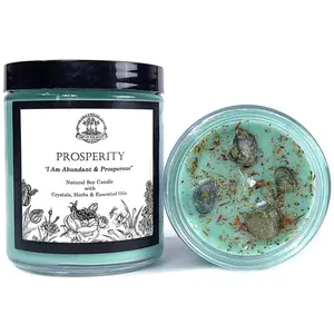 Prosperity Affirmation Soy Candle with Jade Crystals for Abundance, Good Fortune, Luck, Success & Obtaining Goals