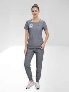 Women Gray round neck Petite Scrubs Set Fabric Uniforms Slim Fit Soft