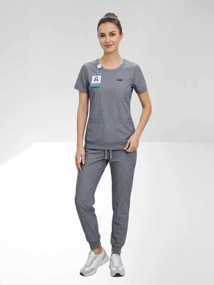 Women Gray round neck Petite Scrubs Set Fabric Uniforms Slim Fit Soft
