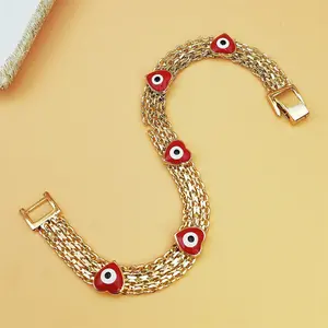 jewelry Boho-Chic Evil Eye Charm Bracelet for Women - Luxe Wide Golden-Tone Copper Chain with Red Bead Charms, Everyday Jewelry & Festival Gift, Durable Protection Symbolism, Year-Round Bohemian Accessory, Cute Jewelry, Festival Accessories