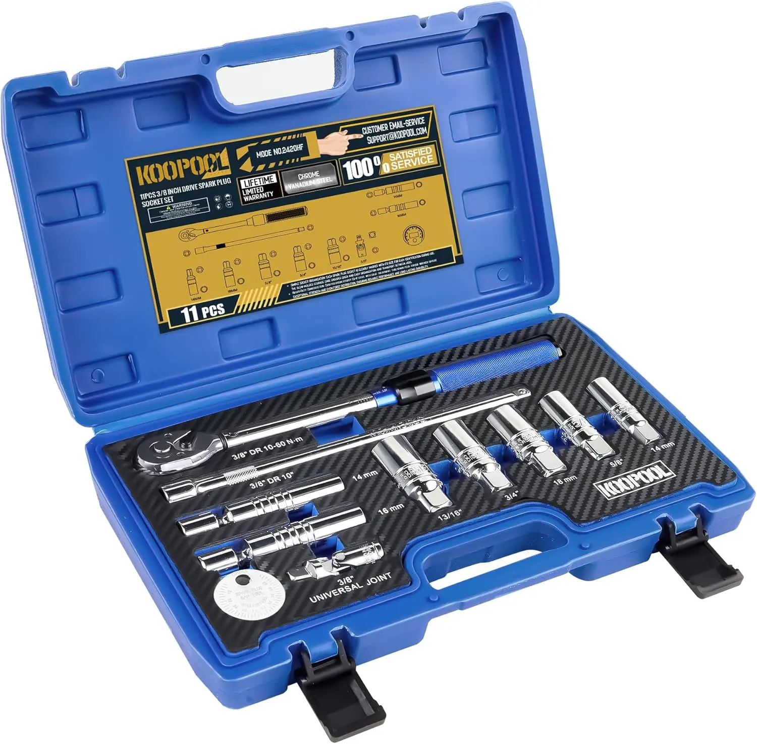 11pc Magnetic Spark Plug Socket Set, 3/8" Click Torque Wrench, Spark Plug Gap Tool, Magnetic Swivel Sockets, U Joint and 10" Extension Bar（11pcs）