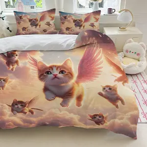 3pcs orange kitten wing cloud sky pink sunlight fluffy star light bedding set (1*Duvet Cover + 2*Pillowcase, Without Core)+Soft comfortable and breathable Suitable for bedroom guest room hotel dormitory rooms