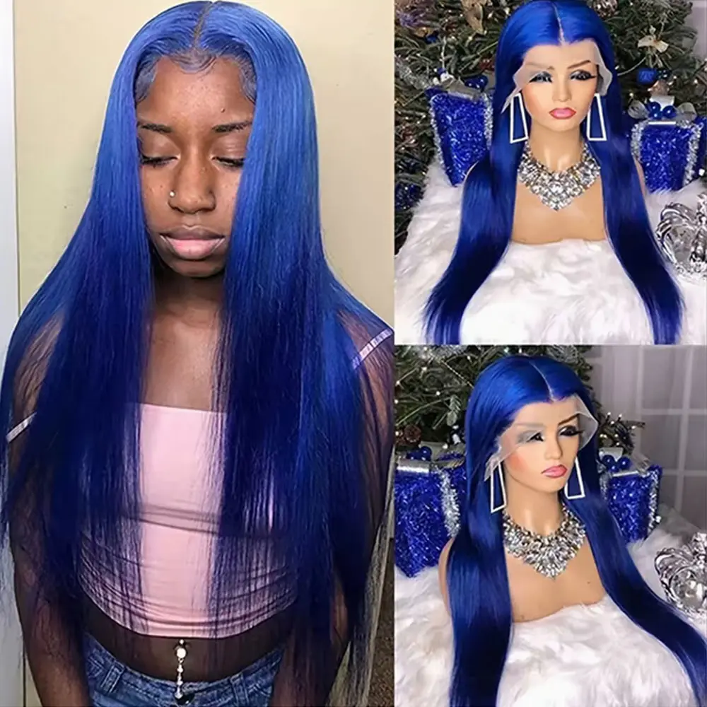 Female 28In Synthetic Lace Front Wig, Long Straight Heat-Resistant Glueless Dark Blue Synthetic Wig for Party, Daily Use