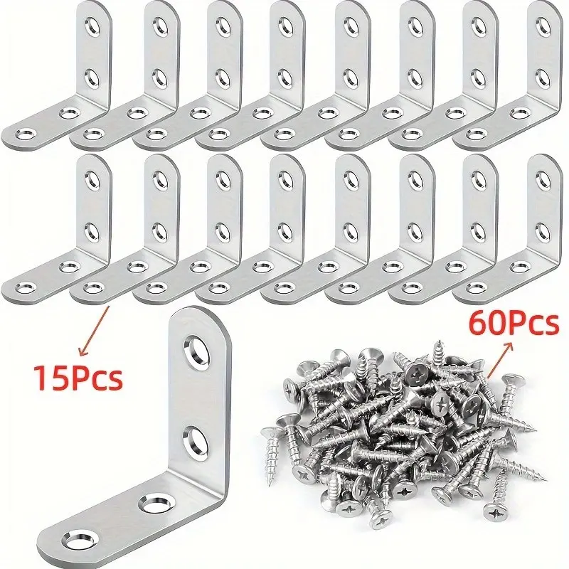 75 Piece Set 304 Stainless Steel 90 Degree L-Shape Corner Brackets, Right Angle Connector with Screws, Metal Bracket, Home Furniture Installation Fixtures, Sturdy Bracket