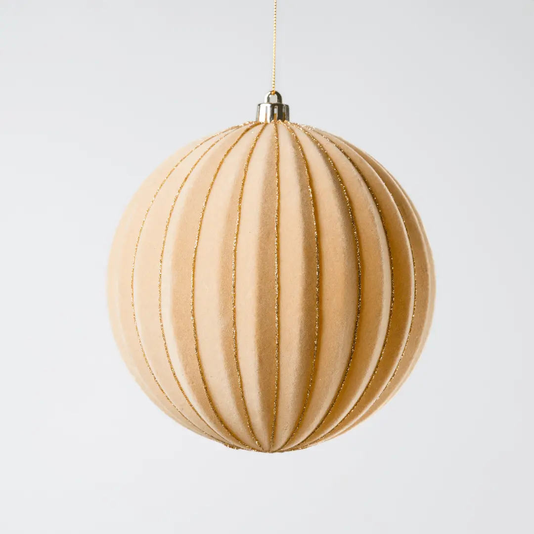 Beige Flocked Ball with Gold Glitter Stripes 6"