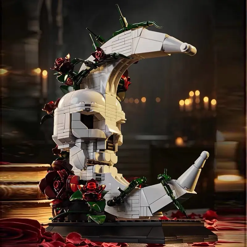 Gothic Skull Rose Building Blocks Set - Dark Fantasy DIY Assembly Brick Model, Thorn Flower Desk Display Decor Collectible Gift for Teens & Adults