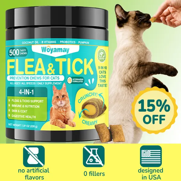 Woyamay Flea & Tick Prevention for Cats 500 Chews Natural Daily Oral Supplement with Cheese Flavor & Probiotics for Immunity & Digestive Health Salmon Oil Pumpkin Vitamin Cute Cat Treats DealsForYouDays summerwins