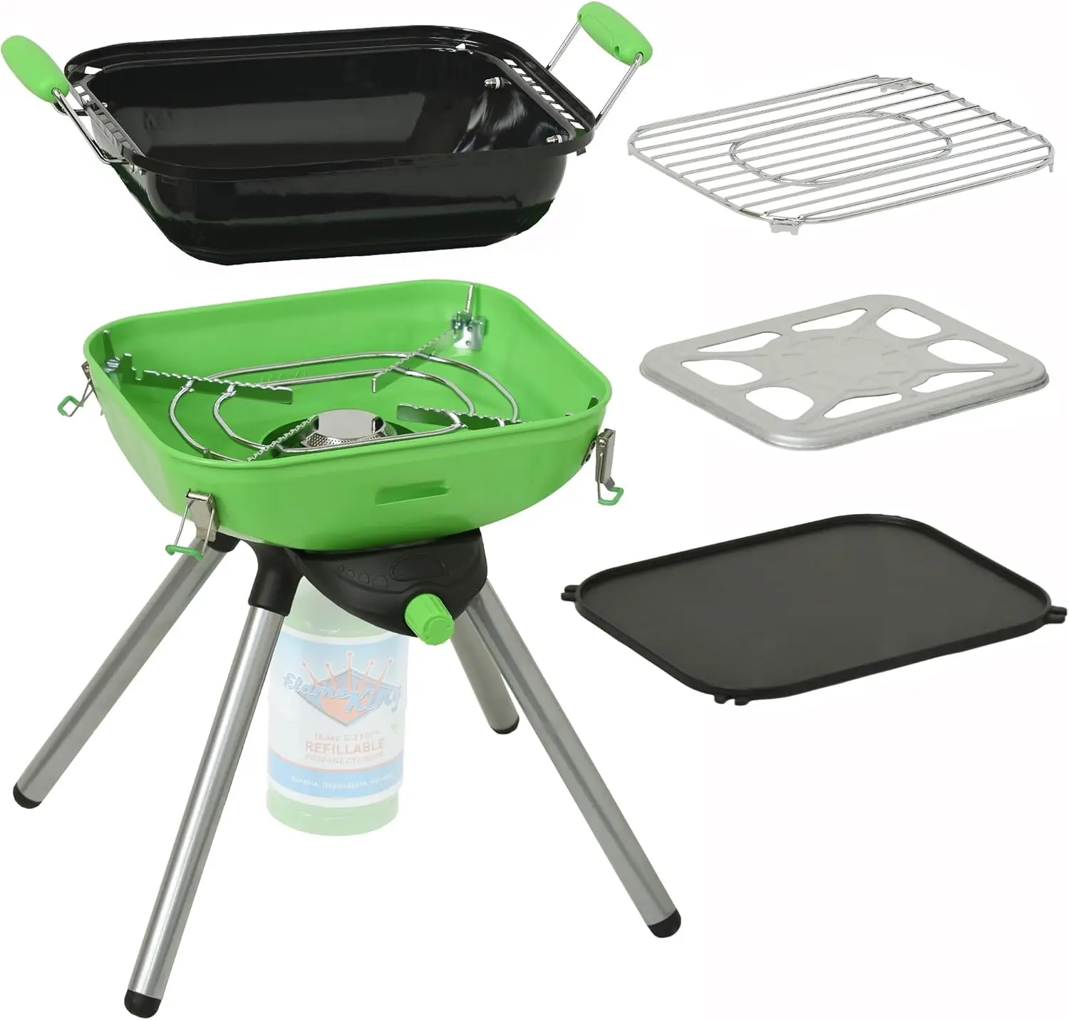 Flame King Multi-Function Portable Propane BBQ Grill Camp Stove, 8000 BTU 9.5 x 12 Inch Cooking Surface, Light Green/Black