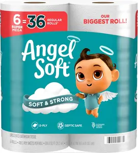 Angel Soft Toilet Paper - 6 Super Mega Rolls of Soft and Strong Tissue, 36 Regular Rolls for Kitchen Wipes
